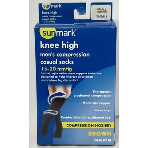 Sunmark Knee High Compression Socks Men's Casual 15-20 mmHg Small Brown
